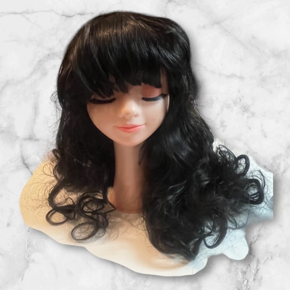 Curly Long Black Wig with Bang Full Cap